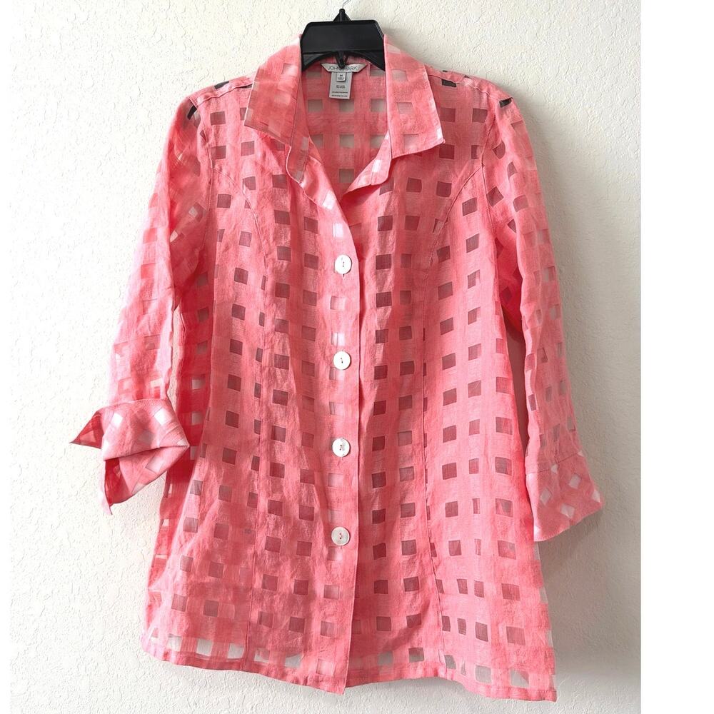 John Mark Pink Linen Blend Sheer Checkered Long Jacket Women’s Medium Coastal